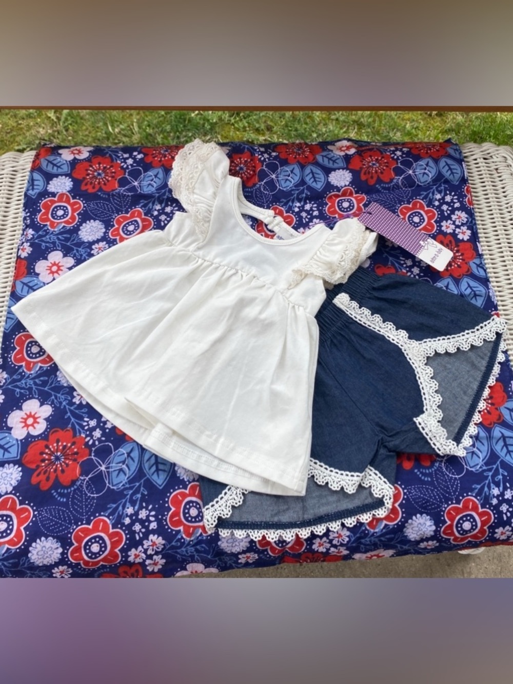 Adora-Bay cream Lace Flutter Top & Navy Lace-Trim Shorts - Kids Matching Set